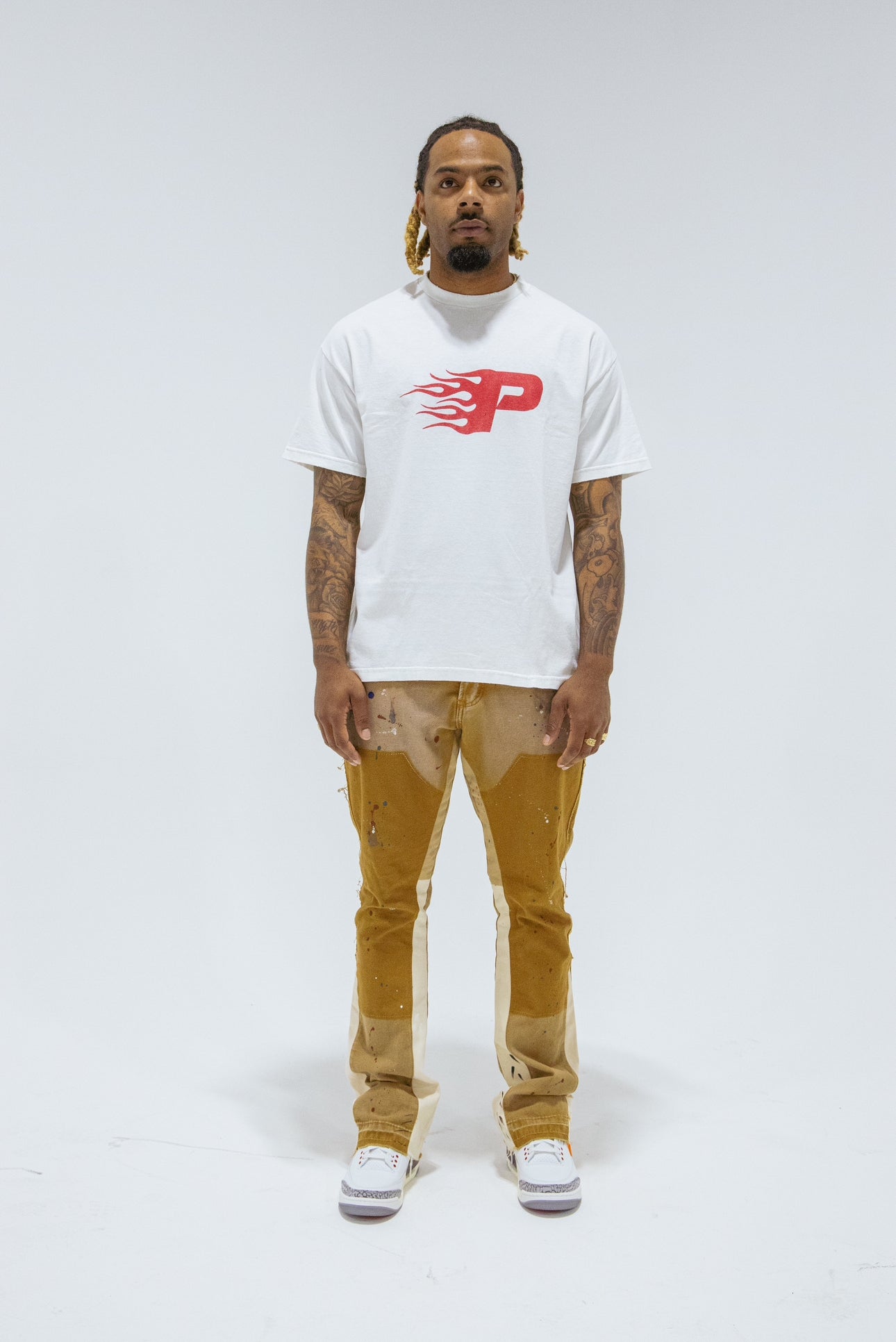 Flamma Tee (White)Distressed Vintage Wash 
Model is 6'0 Wearing XL
MADE IN USA
DRY CLEAN ONLYPrivate Hills